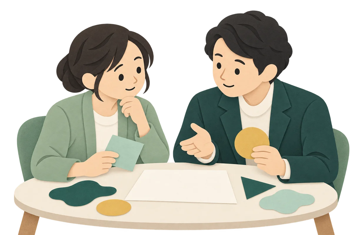 先生と支援スタッフが次の授業を一緒に考えるイラスト