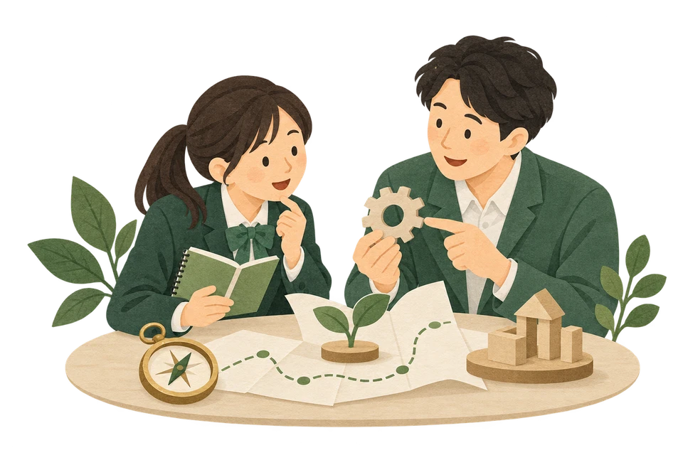 高校生と大人が、身近な仕事の面白さを一緒に探すイメージ