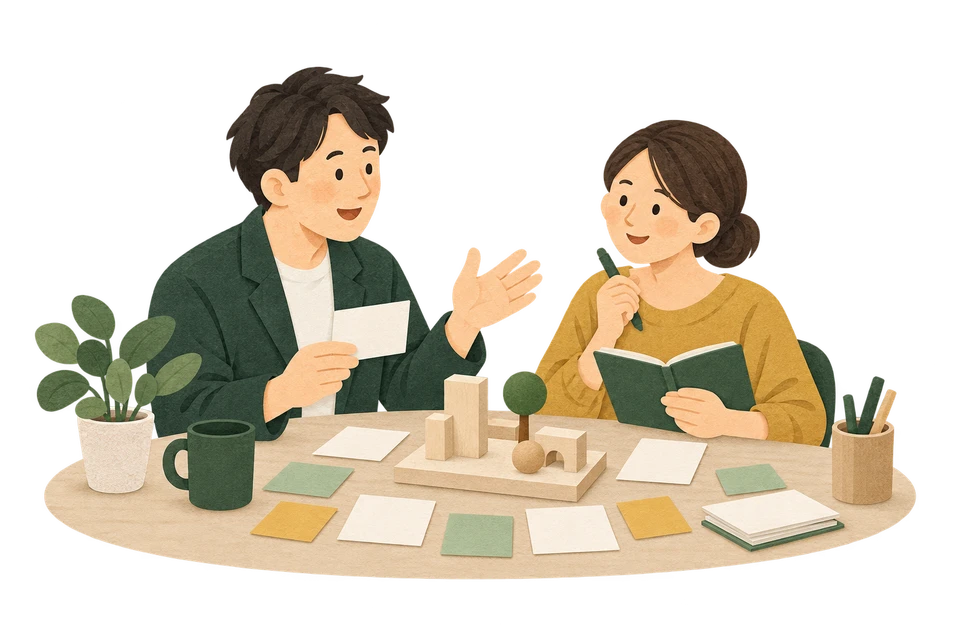 仕事の話を聞き、言葉や体験の企画に整理するイメージ